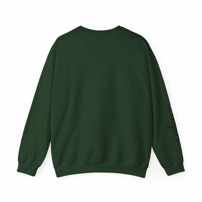 back view of limited edition script hearts sweatshirt in dark green crewneck with long sleeves and sleeve script detail