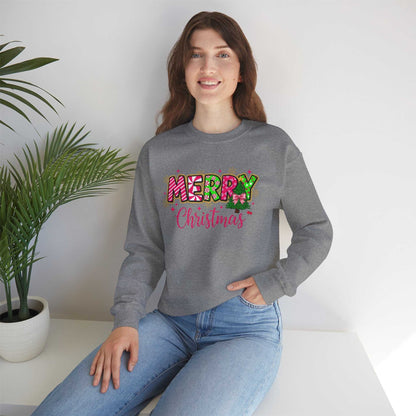 woman wearing gray Merry Christmas Candy Cane typography sweatshirt sitting indoors