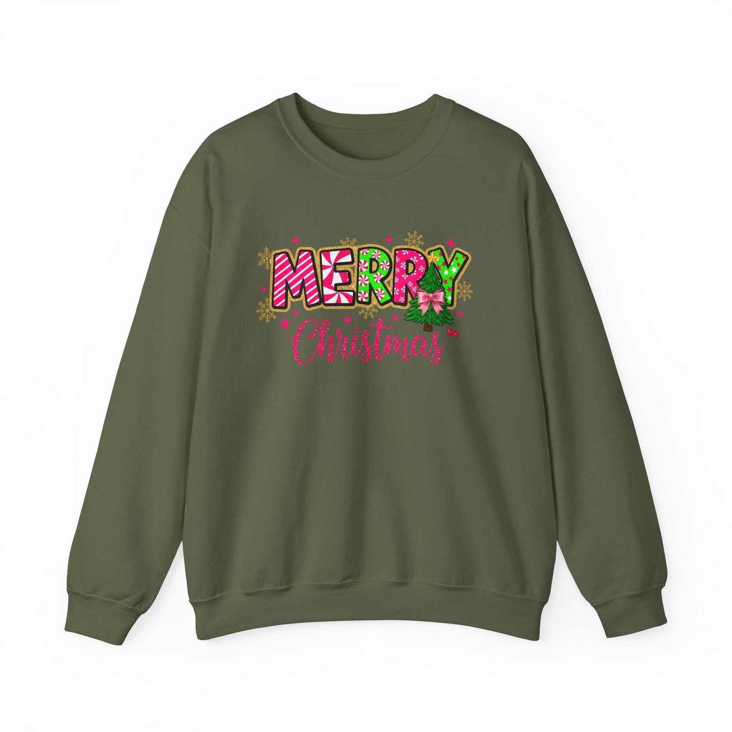olive green crewneck sweatshirt with colorful Merry Christmas Candy Cane typography design