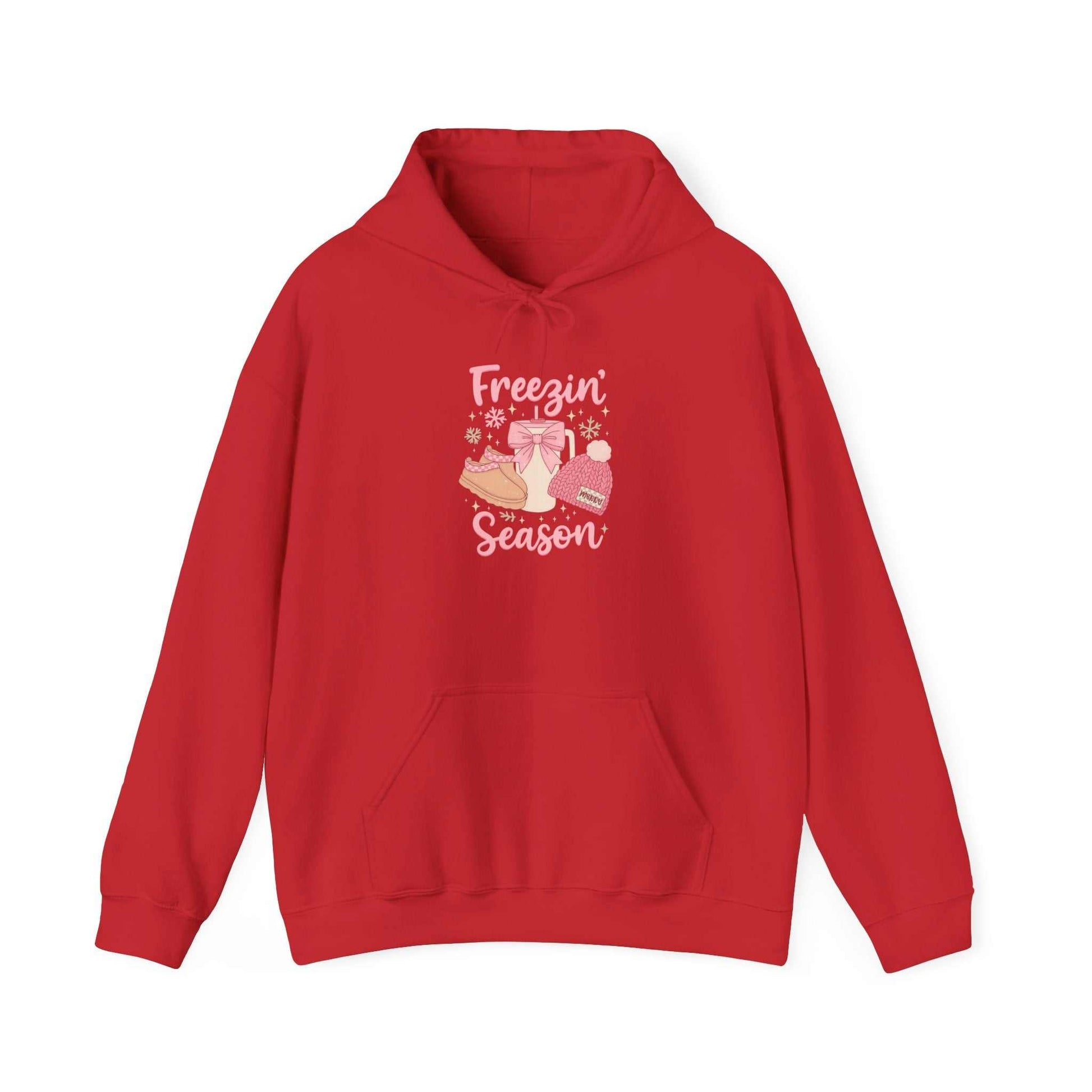 red cozy winter hoodie with winter boots hat mittens graphic and "Freezin' Season" text