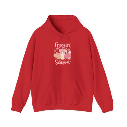 red cozy winter hoodie with winter boots hat mittens graphic and "Freezin' Season" text