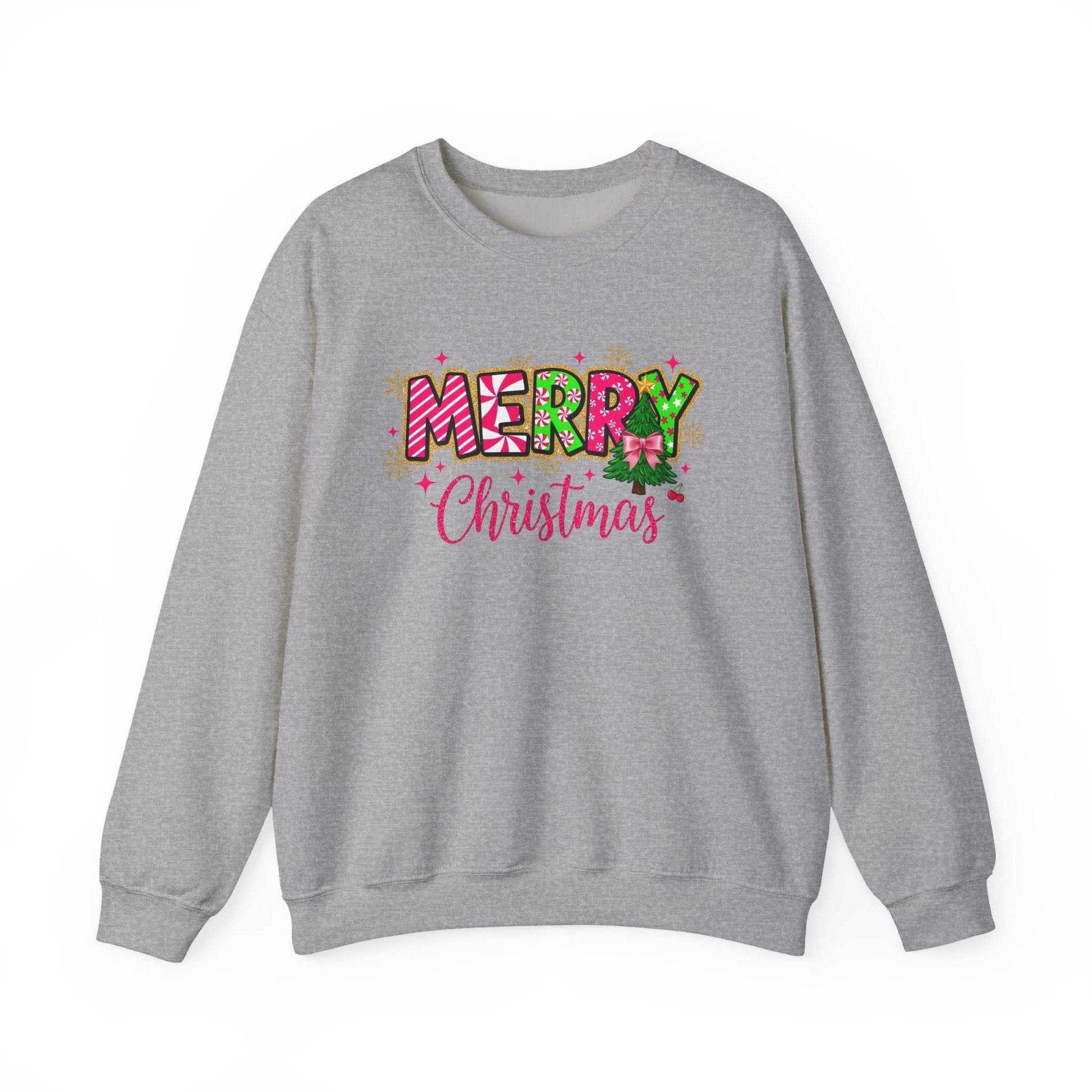 Gray crewneck sweatshirt with colorful Merry Christmas Candy Cane typography design