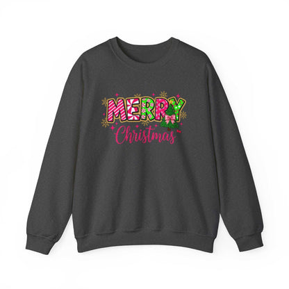 Black crewneck sweatshirt with colorful Merry Christmas candy cane typography design and festive decorations