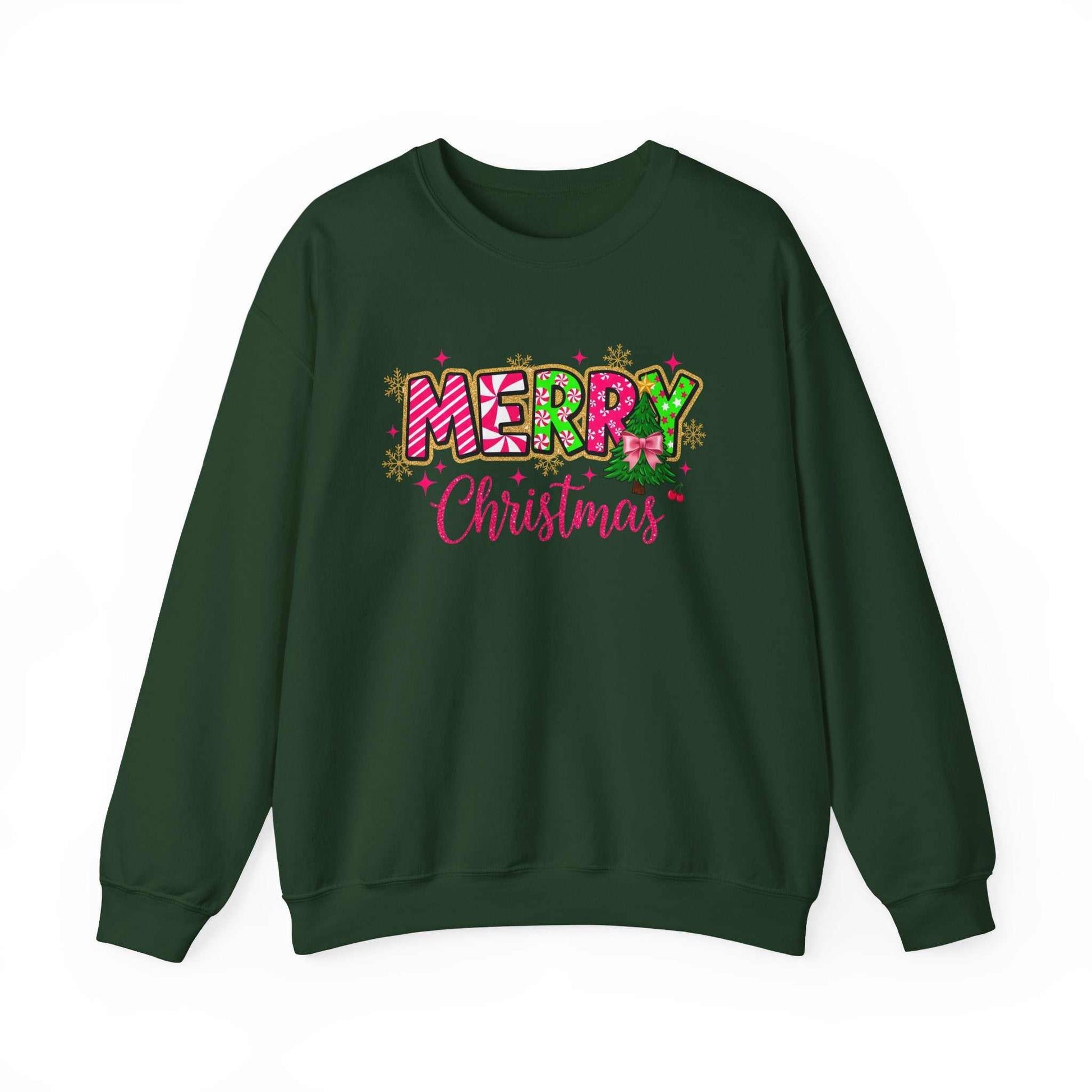 green crewneck sweatshirt with colorful Merry Christmas Candy Cane typography and festive design