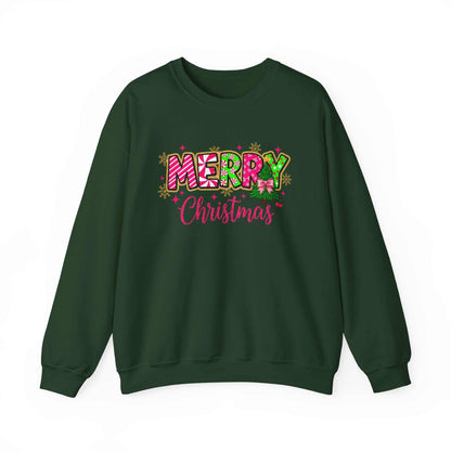 green crewneck sweatshirt with colorful Merry Christmas Candy Cane typography and festive design