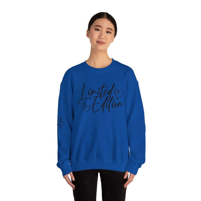 Limited Edition Script Hearts Sweatshirt crewneck with black script and hearts on chest and sleeve in blue color