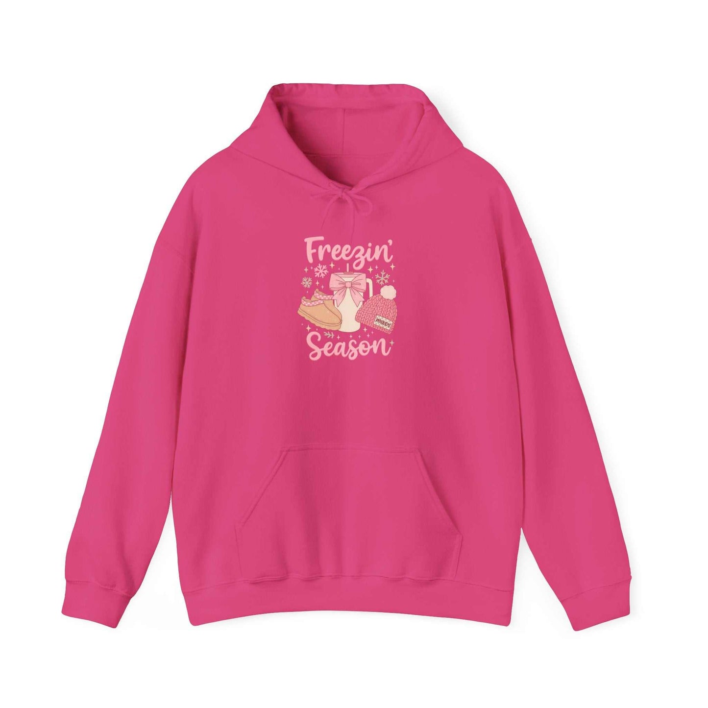 Pink cozy winter hoodie with "Freezin' Season" text and mittens, hat, and boots graphic