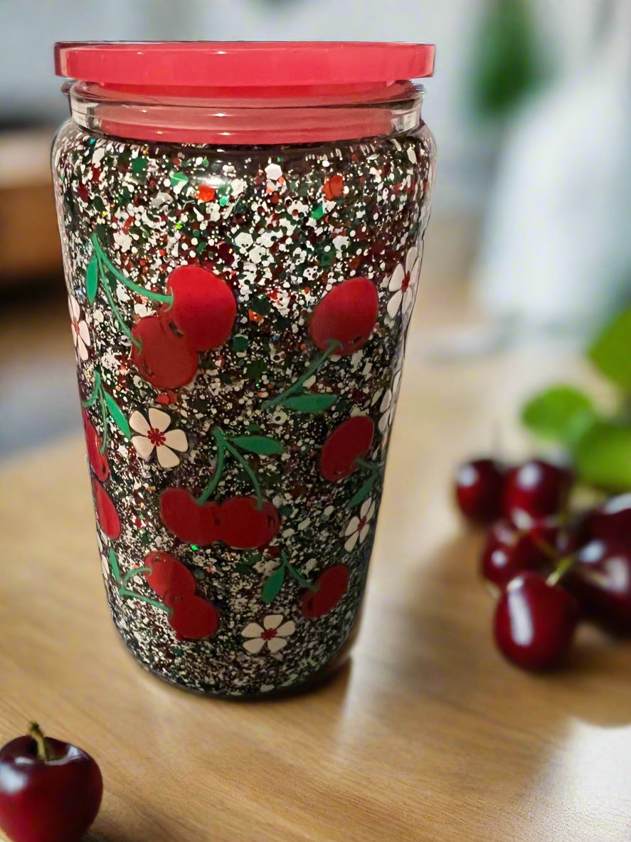 Handmade cherry snow globe glass cup with red lid and decorative cherry and flower design