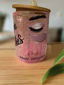 Eye Lash Tech 15oz pink snow globe mug with eyelash design and wooden lid