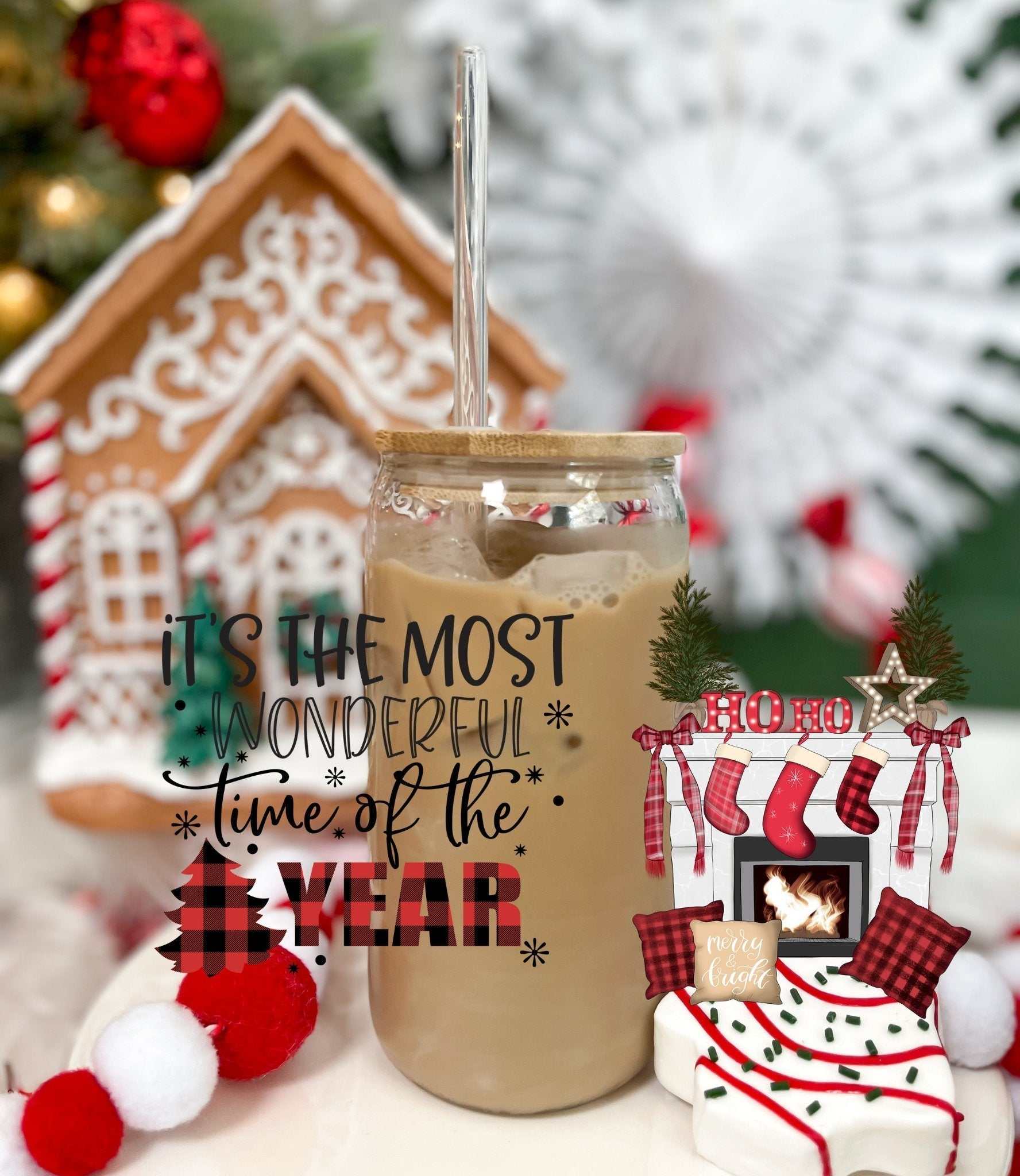 16oz glass tumbler with "It's the Most Wonderful Time of the Year" text, acrylic lid, and straw, festive holiday decor background