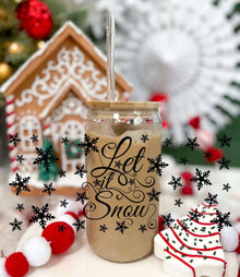 Let it Snow glass with 16oz capacity, acrylic lid, and straw in festive holiday setting