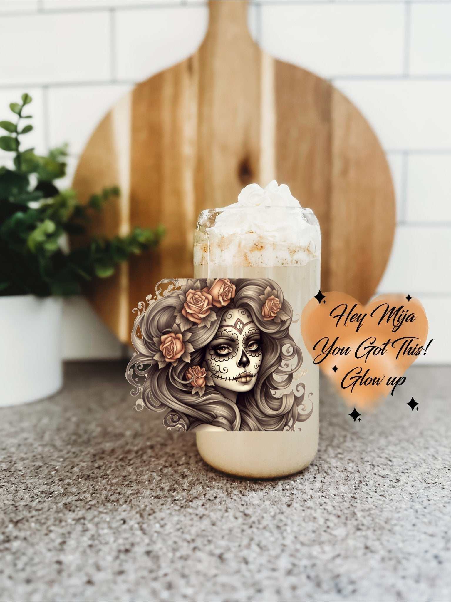 Sugar Skull 16oz ceramic mug with Day of the Dead design and whipped cream drink